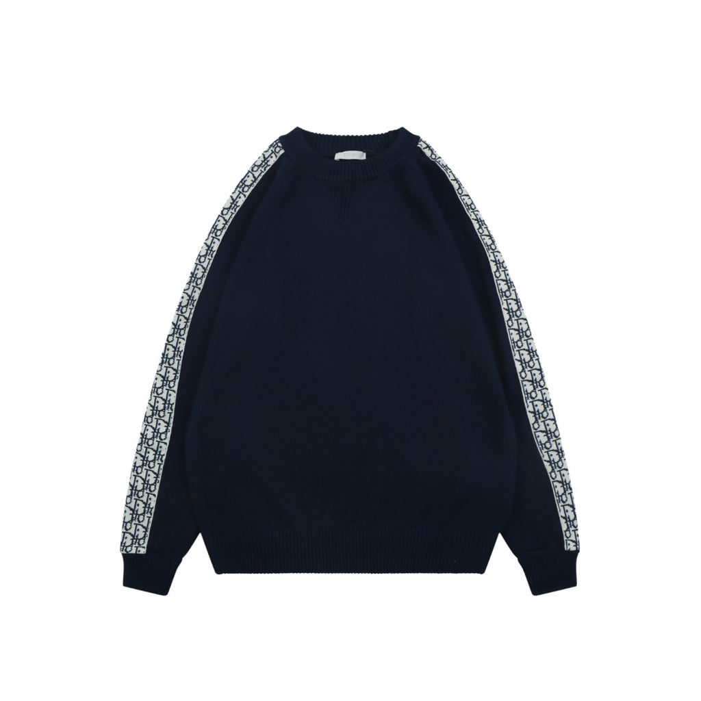 Dior Oblique Jacquard Tape Sleeve Stripe Crewneck Sweater | Navy