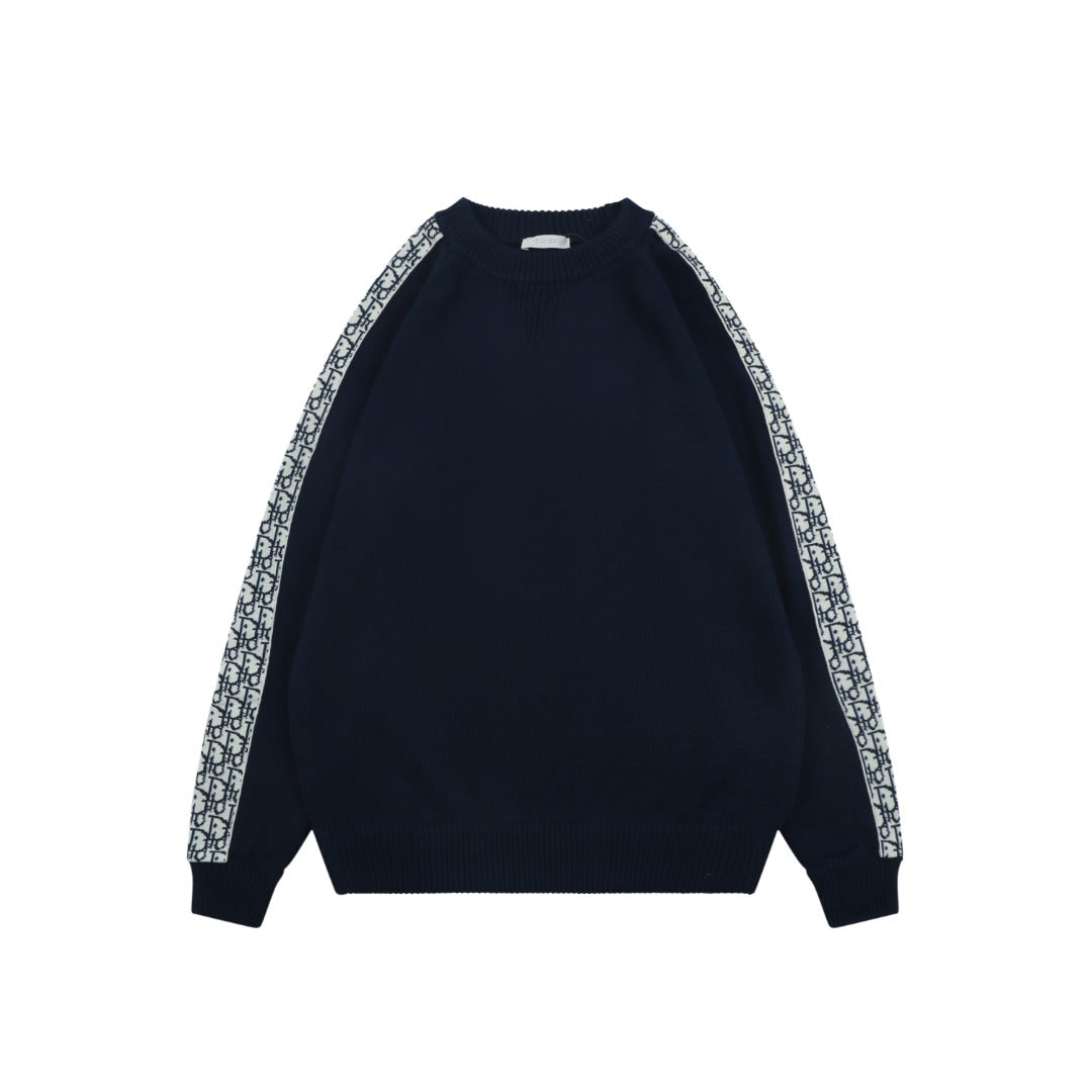 Dior Oblique Jacquard Tape Sleeve Stripe Crewneck Sweater | Navy