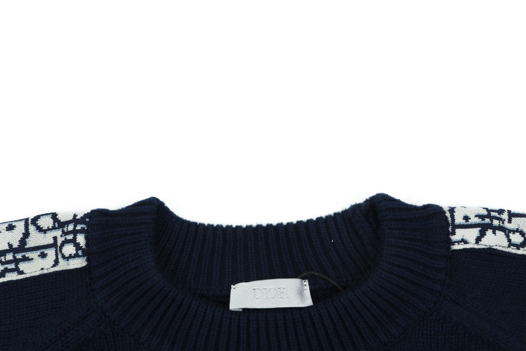 Dior Oblique Jacquard Tape Sleeve Stripe Crewneck Sweater | Navy