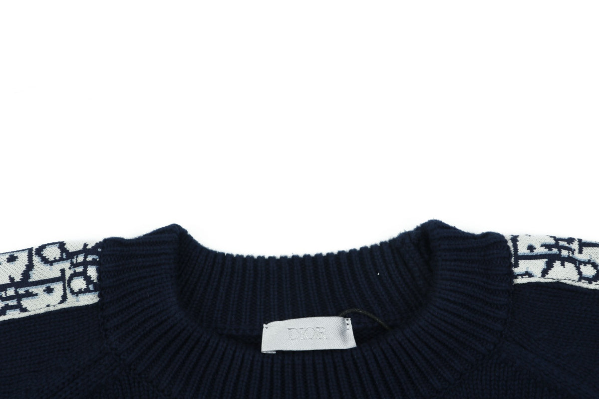 Dior Oblique Jacquard Tape Sleeve Stripe Crewneck Sweater | Navy