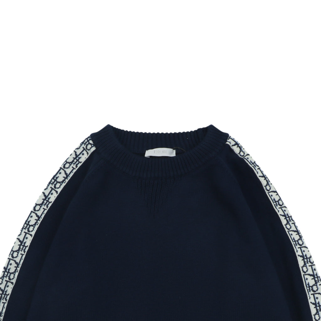 Dior Oblique Jacquard Tape Sleeve Stripe Crewneck Sweater | Navy