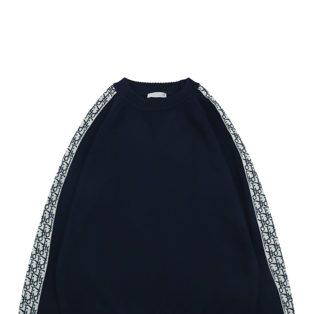 Dior Oblique Jacquard Tape Sleeve Stripe Crewneck Sweater | Navy