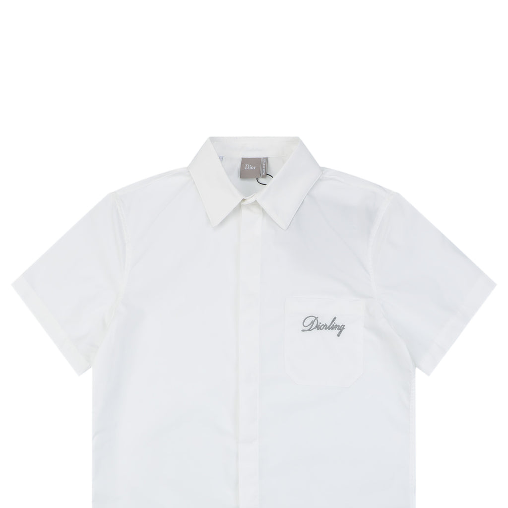 Dior Cursive Signature Embroidered Chest Pocket Short Sleeve Shirt | White