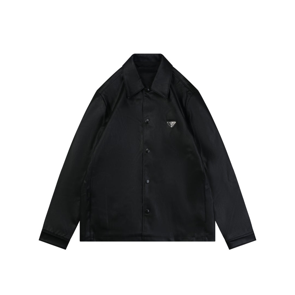 Prada Leather Triangle Logo Button Jacket | Black