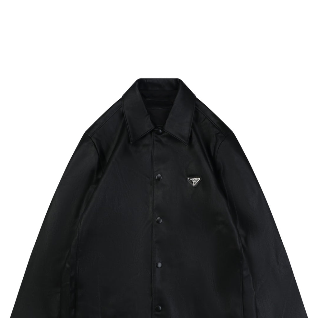 Prada Leather Triangle Logo Button Jacket | Black