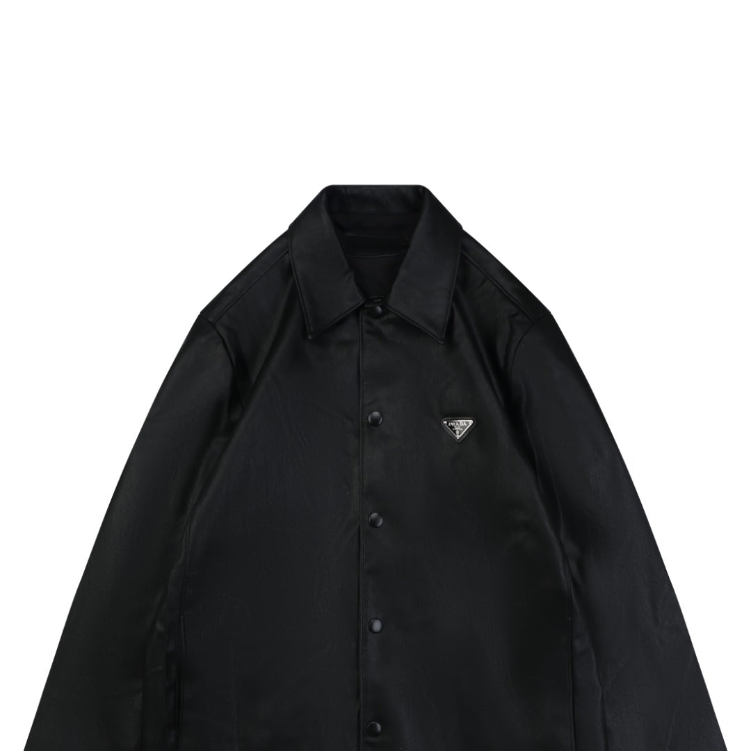 Prada Leather Triangle Logo Button Jacket | Black