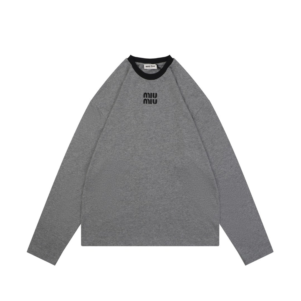 Miu Miu FW26 Black / Grey Colourblock Crew Collar Long Sleeve Top | Grey