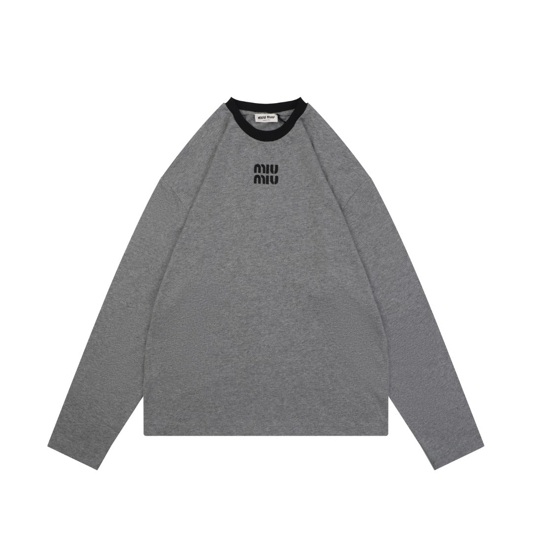 Miu Miu FW26 Black / Grey Colourblock Crew Collar Long Sleeve Top | Grey