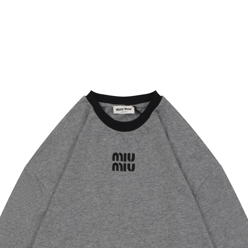 Miu Miu FW26 Black / Grey Colourblock Crew Collar Long Sleeve Top | Grey