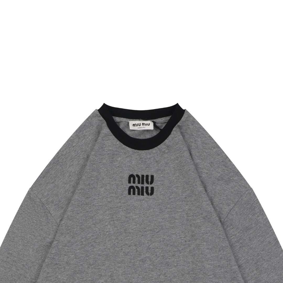 Miu Miu FW26 Black / Grey Colourblock Crew Collar Long Sleeve Top | Grey