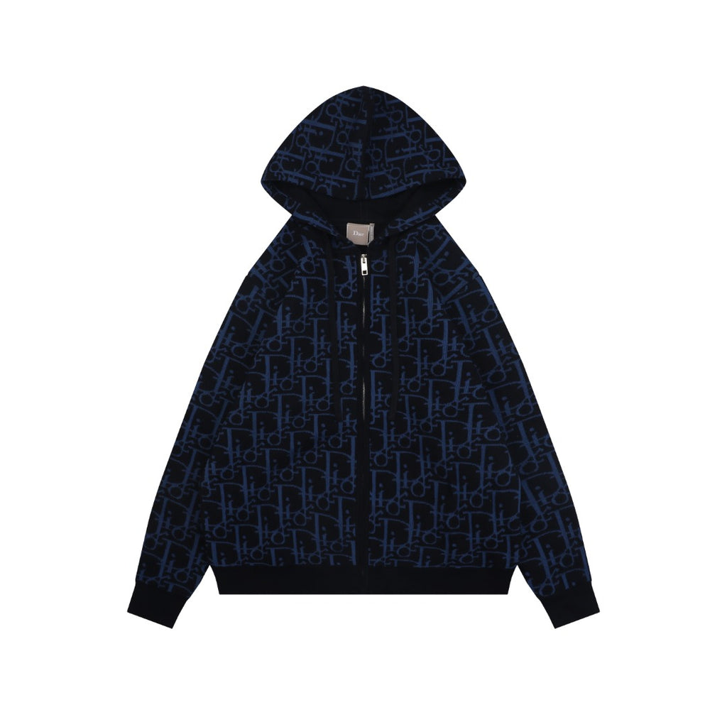 Dior All-Over Macro Oblique Jacquard Hooded Half-Zip Sweatshirt | Navy