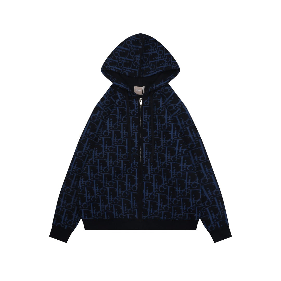 Dior All-Over Macro Oblique Jacquard Hooded Half-Zip Sweatshirt | Navy