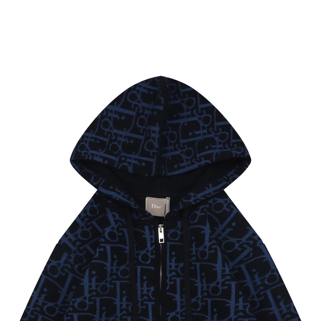 Dior All-Over Macro Oblique Jacquard Hooded Half-Zip Sweatshirt | Navy