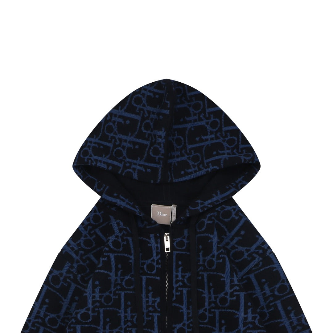 Dior All-Over Macro Oblique Jacquard Hooded Half-Zip Sweatshirt | Navy