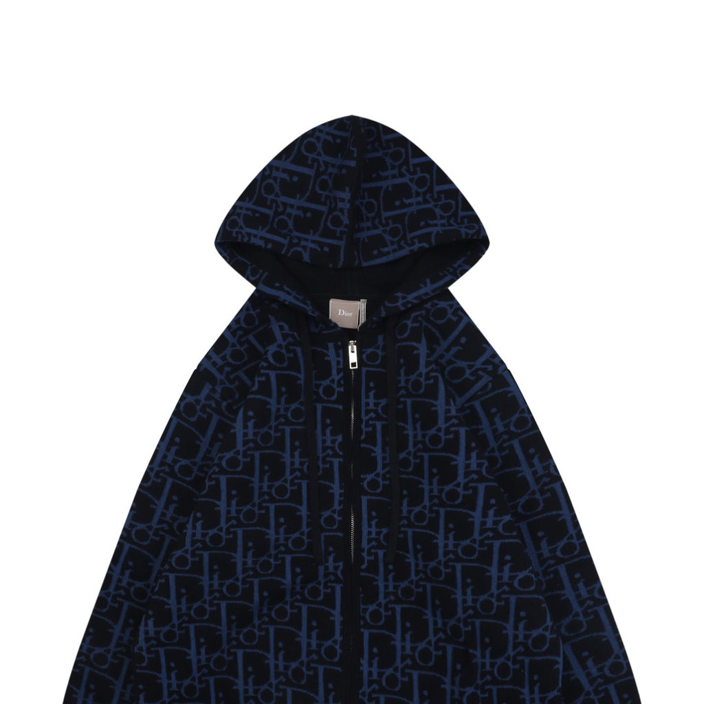 Dior All-Over Macro Oblique Jacquard Hooded Half-Zip Sweatshirt | Navy