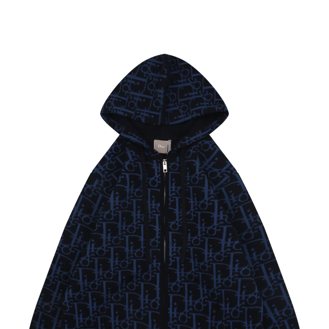 Dior All-Over Macro Oblique Jacquard Hooded Half-Zip Sweatshirt | Navy