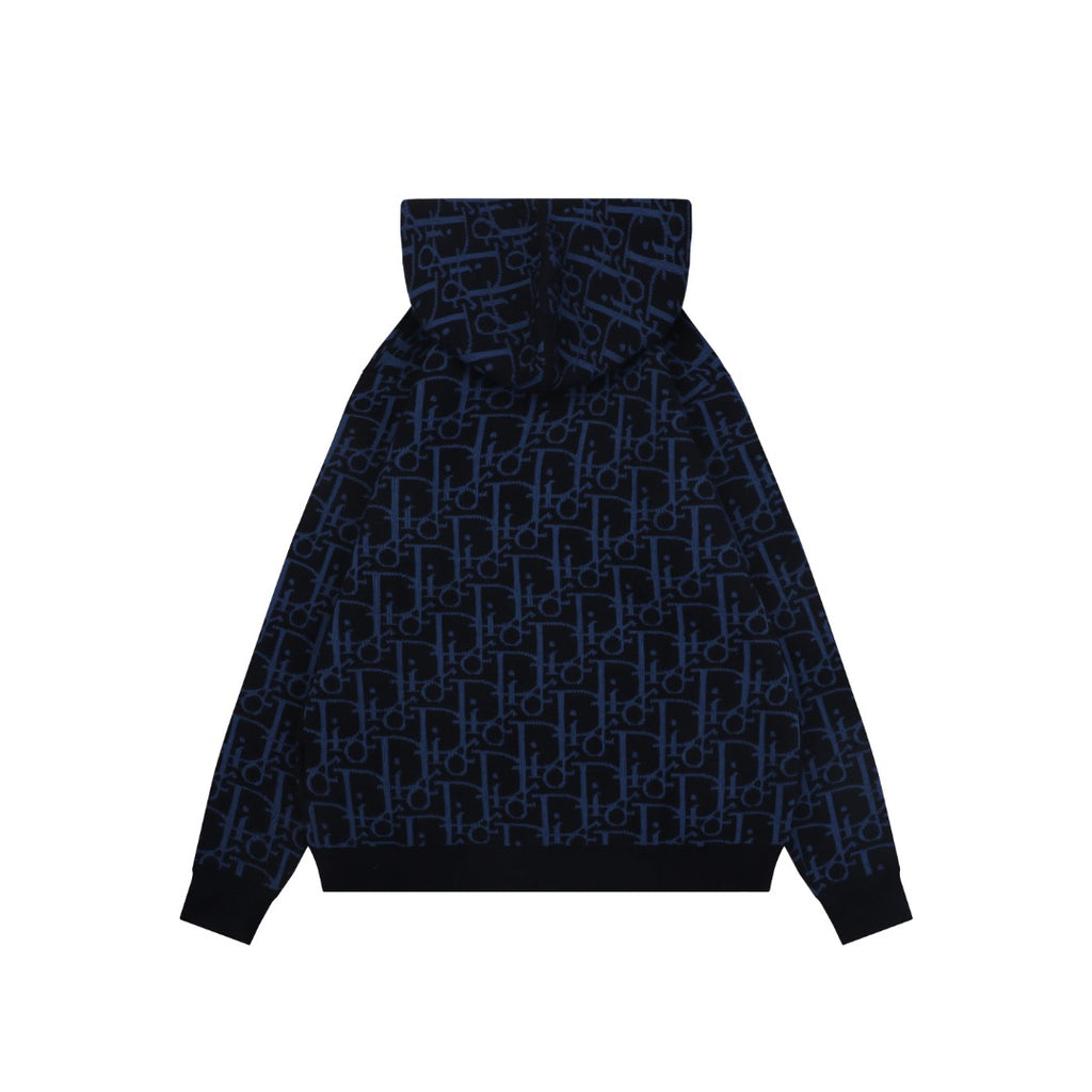 Dior All-Over Macro Oblique Jacquard Hooded Half-Zip Sweatshirt | Navy