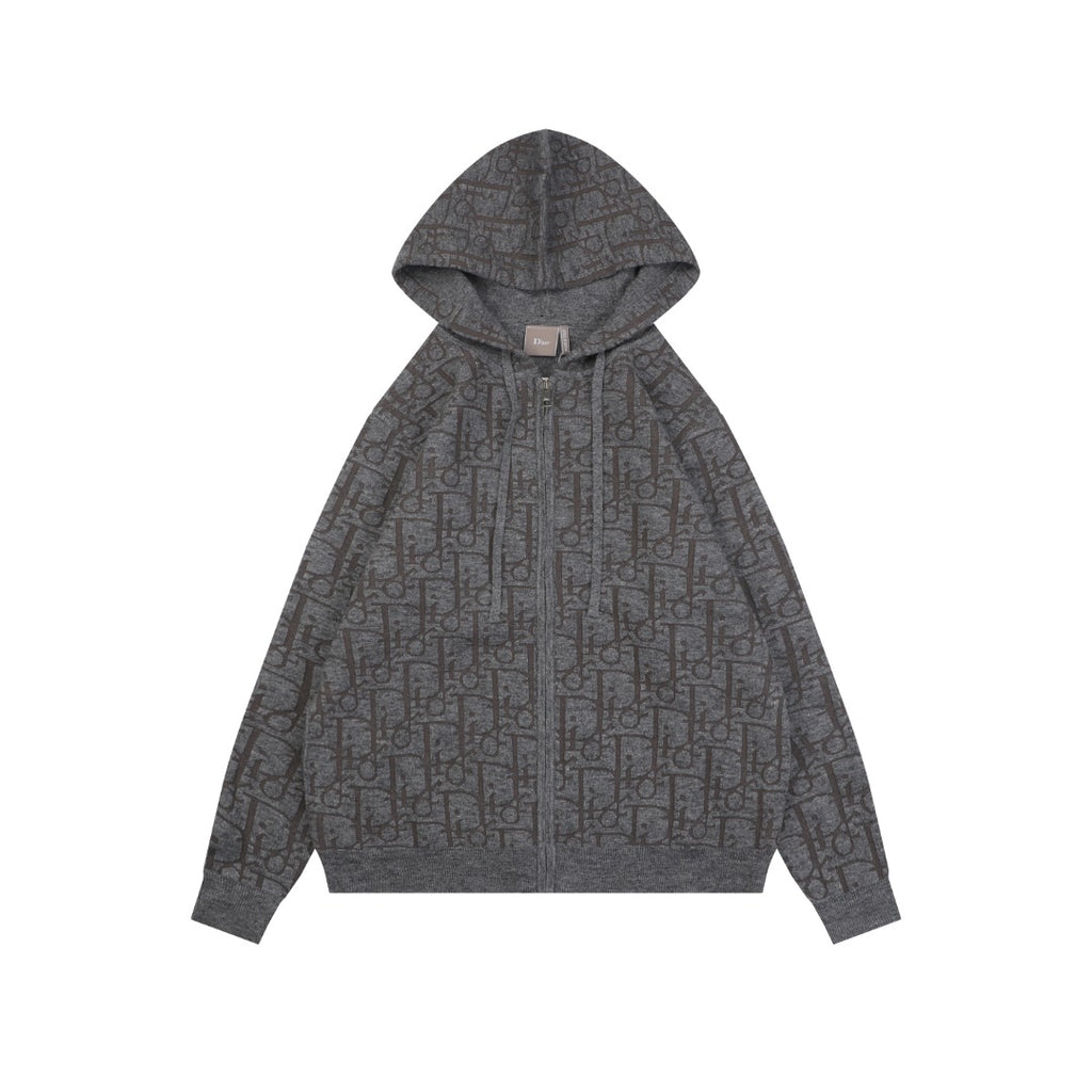Dior All-Over Macro Oblique Jacquard Hooded Full-Zip Sweatshirt | Grey