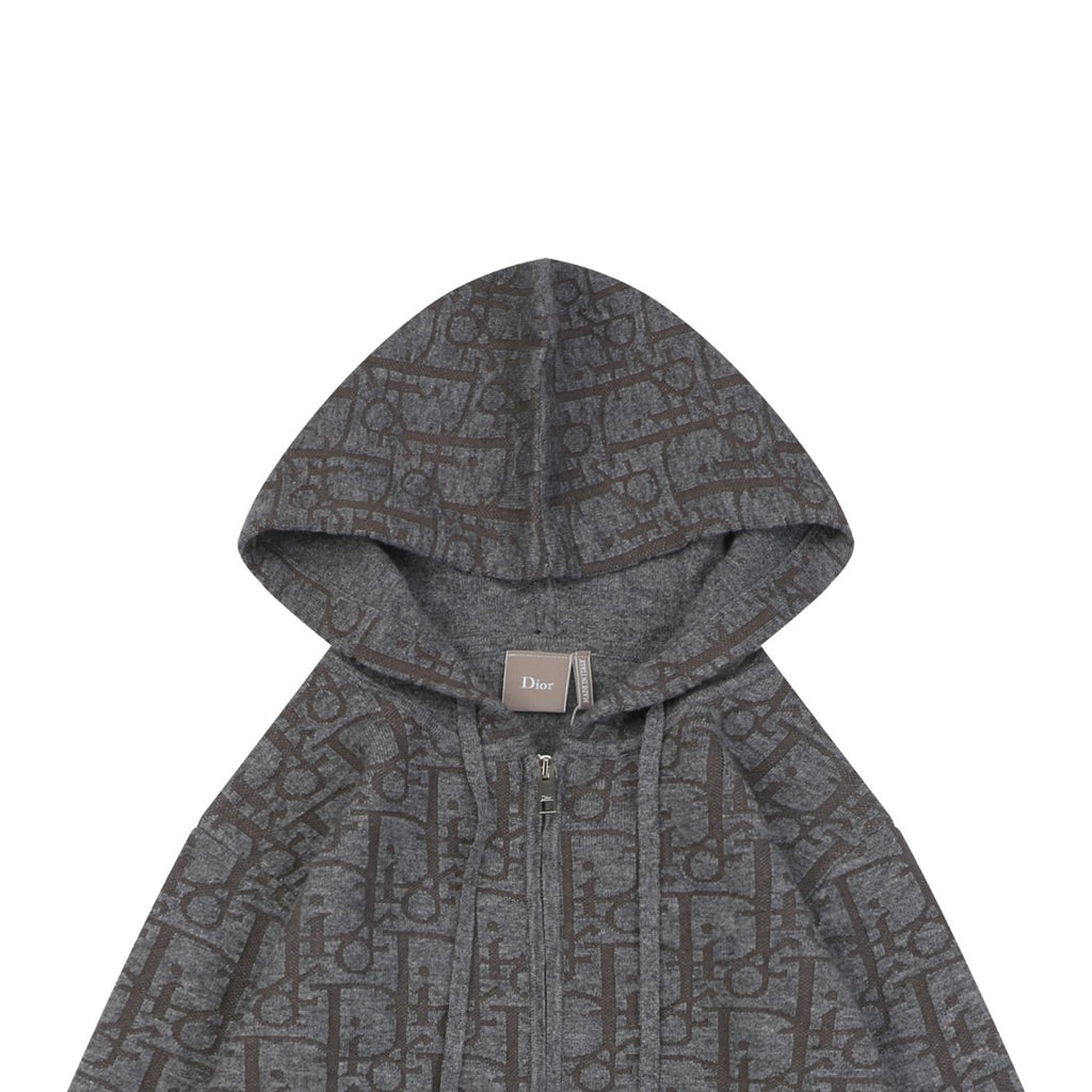 Dior All-Over Macro Oblique Jacquard Hooded Full-Zip Sweatshirt | Grey