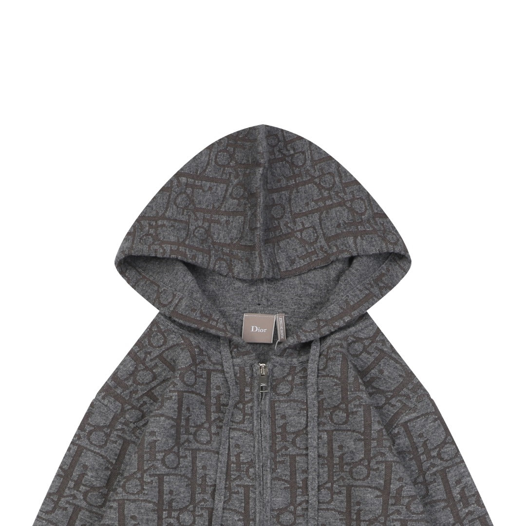 Dior All-Over Macro Oblique Jacquard Hooded Full-Zip Sweatshirt | Grey