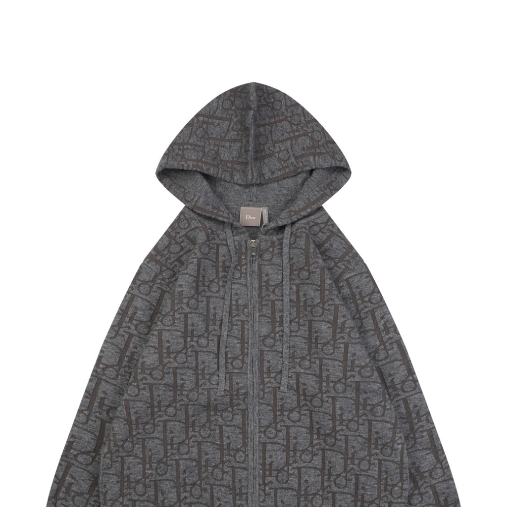 Dior All-Over Macro Oblique Jacquard Hooded Full-Zip Sweatshirt | Grey
