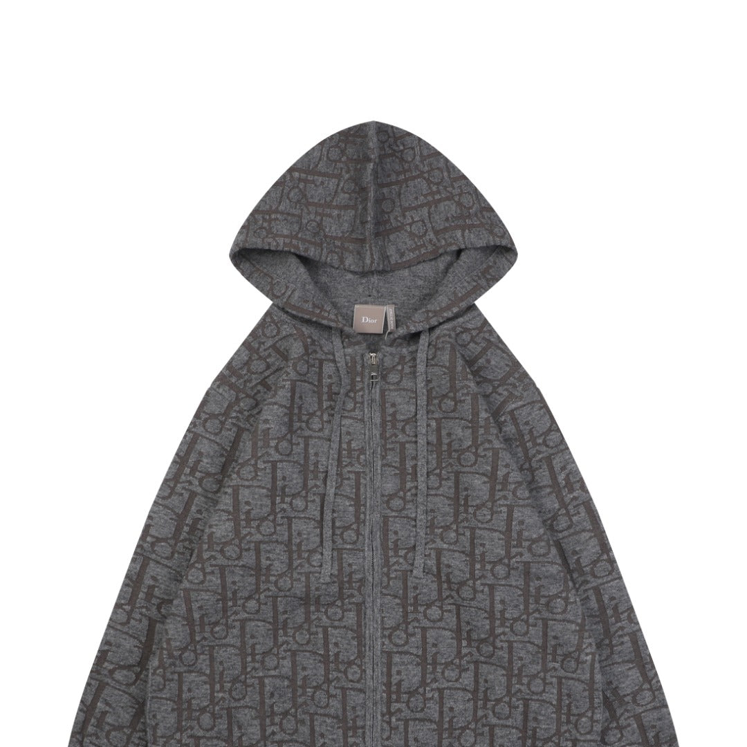 Dior All-Over Macro Oblique Jacquard Hooded Full-Zip Sweatshirt | Grey