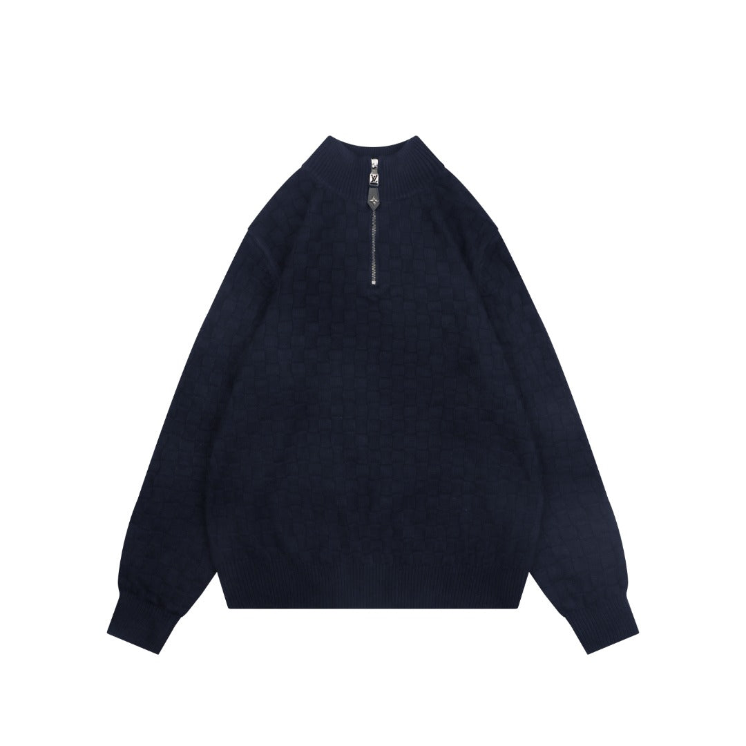 Louis Vuitton Mixed Texture Checkerboard Panel Half-Zip Sweater | Black