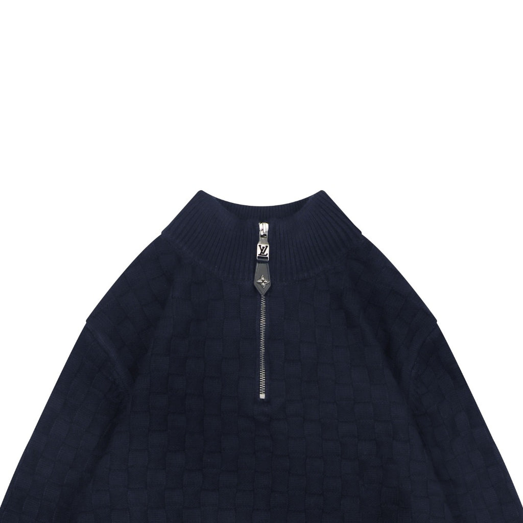 Louis Vuitton Mixed Texture Checkerboard Panel Half-Zip Sweater | Black