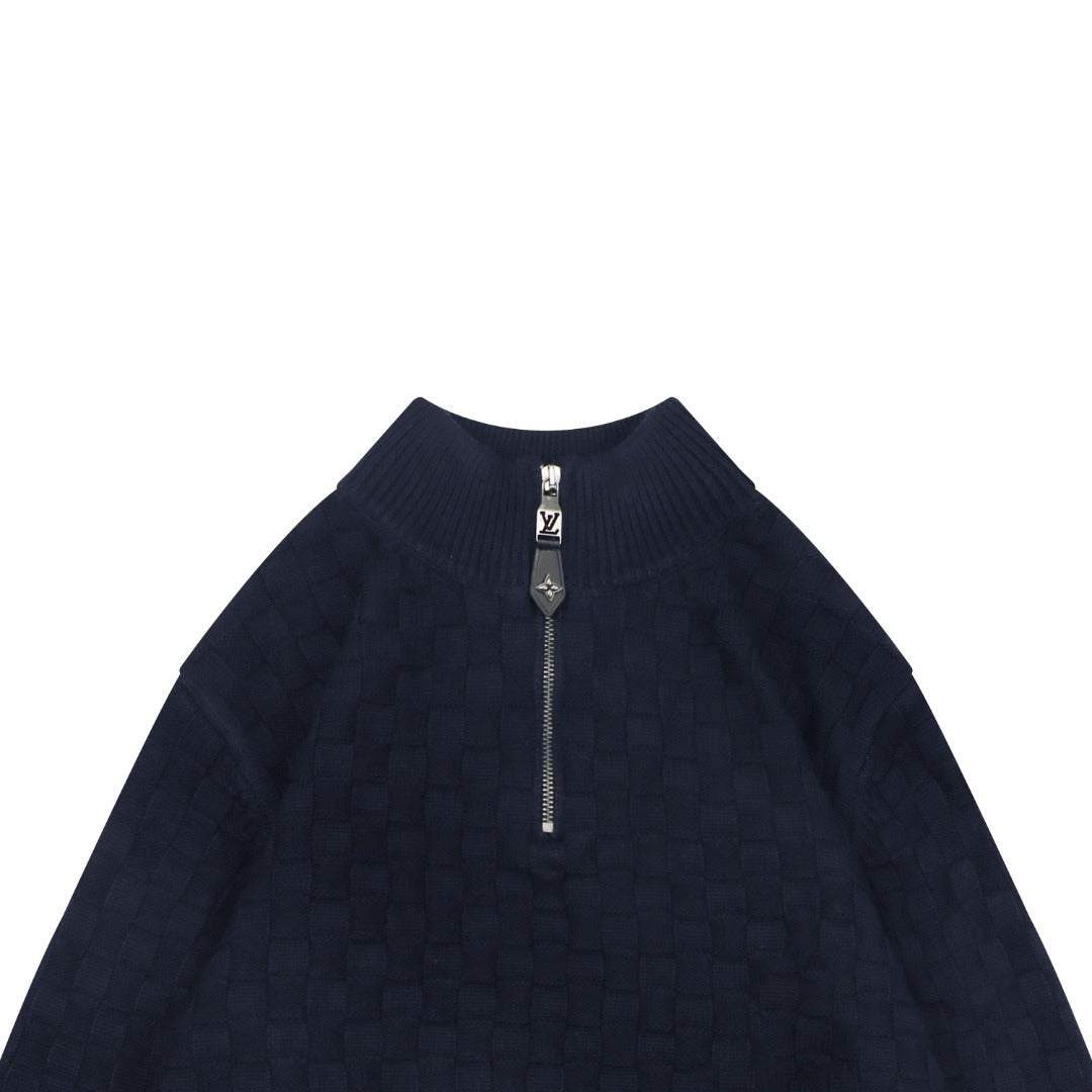 Louis Vuitton Mixed Texture Checkerboard Panel Half-Zip Sweater | Black