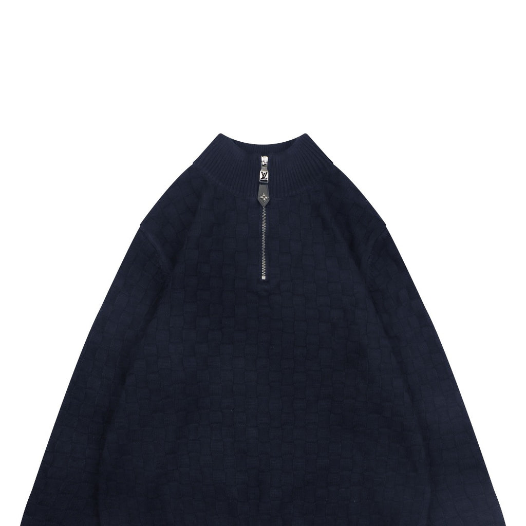 Louis Vuitton Mixed Texture Checkerboard Panel Half-Zip Sweater | Black