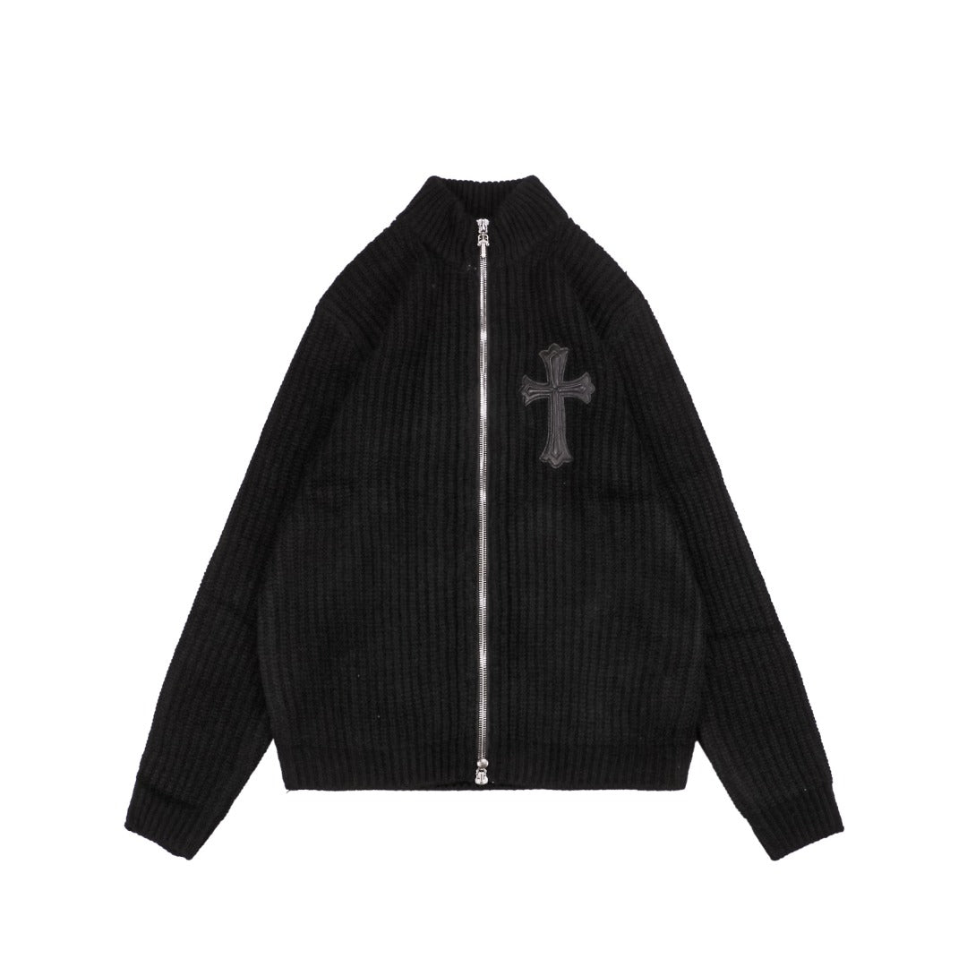 Chrome Hearts FW23 Leather Cross Patch Wool Zip Cardigan Jacket in Black