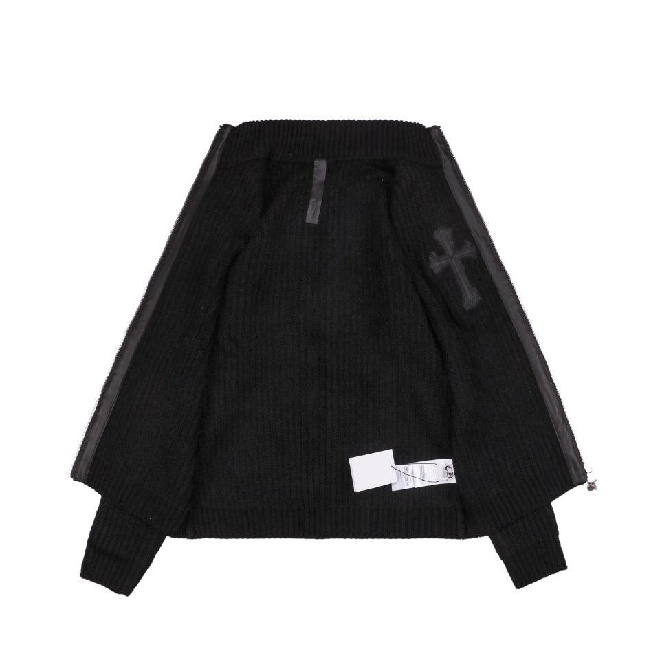 Chrome Hearts FW23 Leather Cross Patch Wool Zip Cardigan Jacket in Black