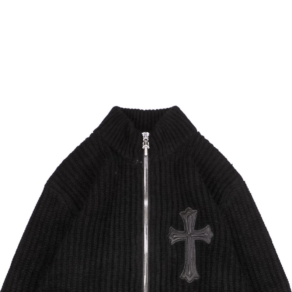 Chrome Hearts FW23 Leather Cross Patch Wool Zip Cardigan Jacket in Black
