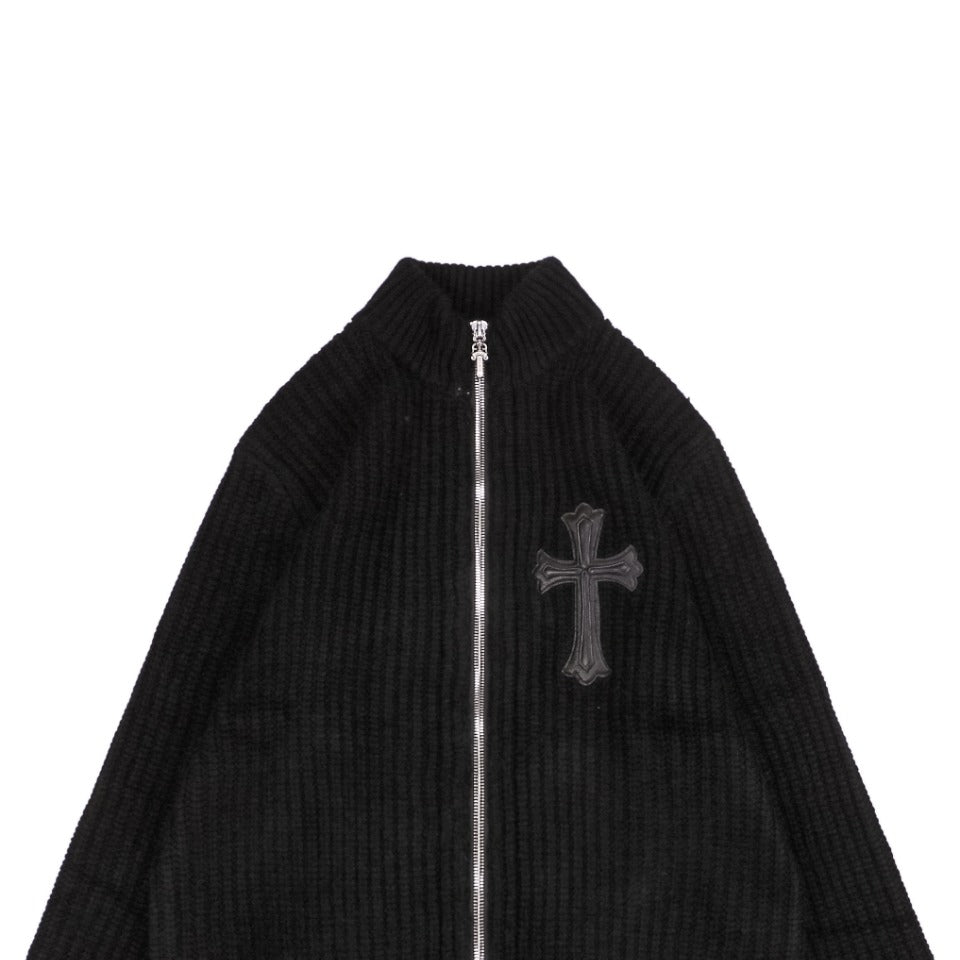 Chrome Hearts FW23 Leather Cross Patch Wool Zip Cardigan Jacket in Black