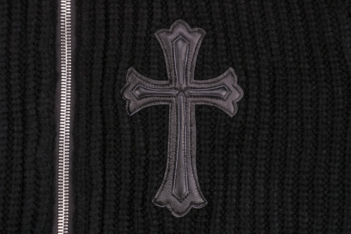 Chrome Hearts FW23 Leather Cross Patch Wool Zip Cardigan Jacket in Black