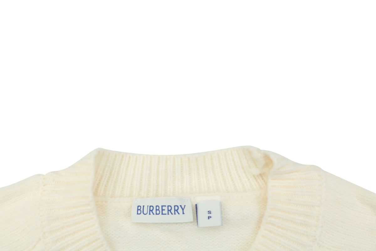 Burberry Equestrian Knight Lower-Hem Crewneck Sweater in Ivory