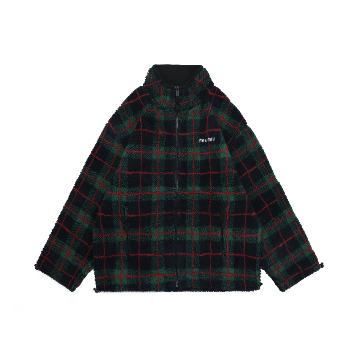 Miu Miu FW25 Green and Red Plaid Sherpa Jacket