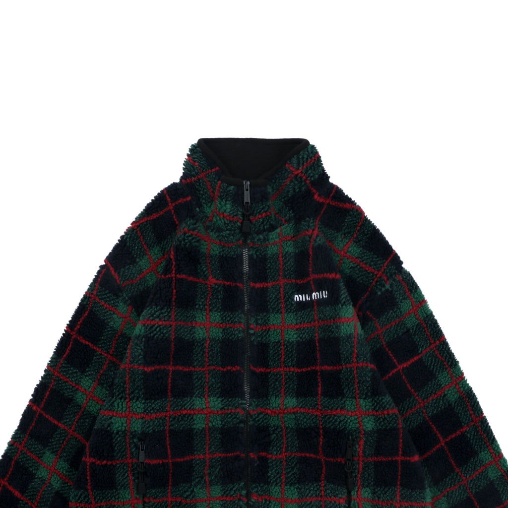Miu Miu FW25 Green and Red Plaid Sherpa Jacket