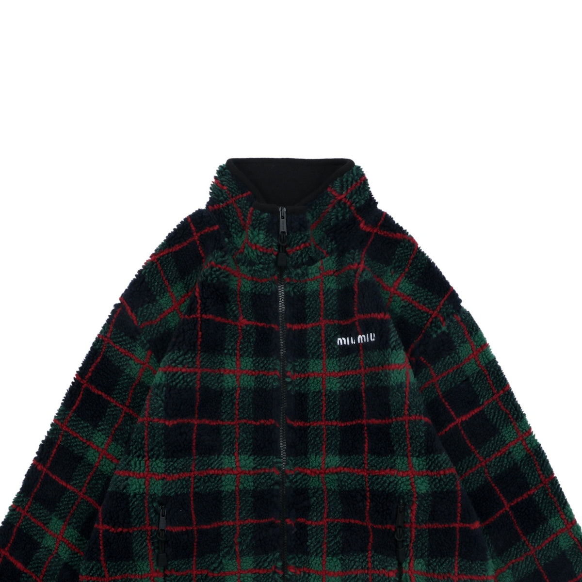 Miu Miu FW25 Green and Red Plaid Sherpa Jacket