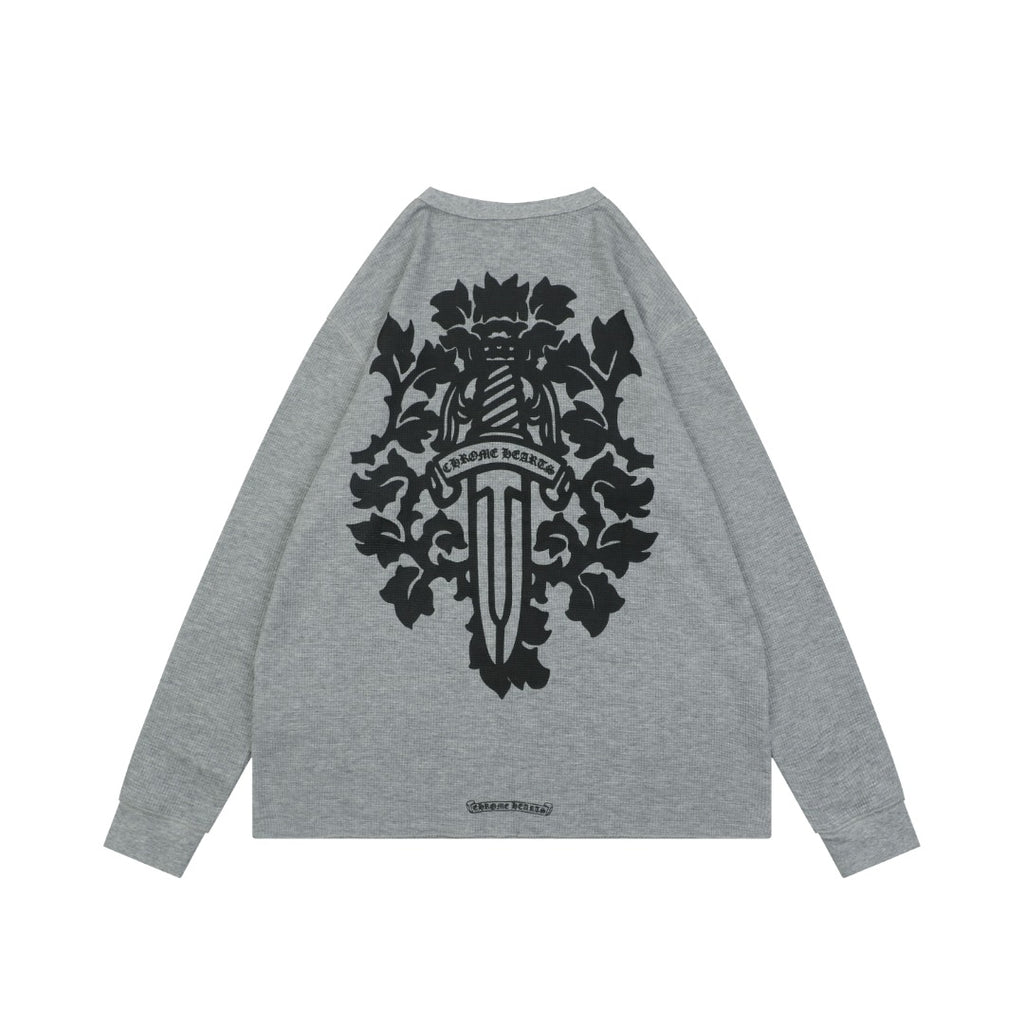 Chrome Hearts Waffle-Knit Vine Sword Print Long-Sleeve T-Shirt in Gray