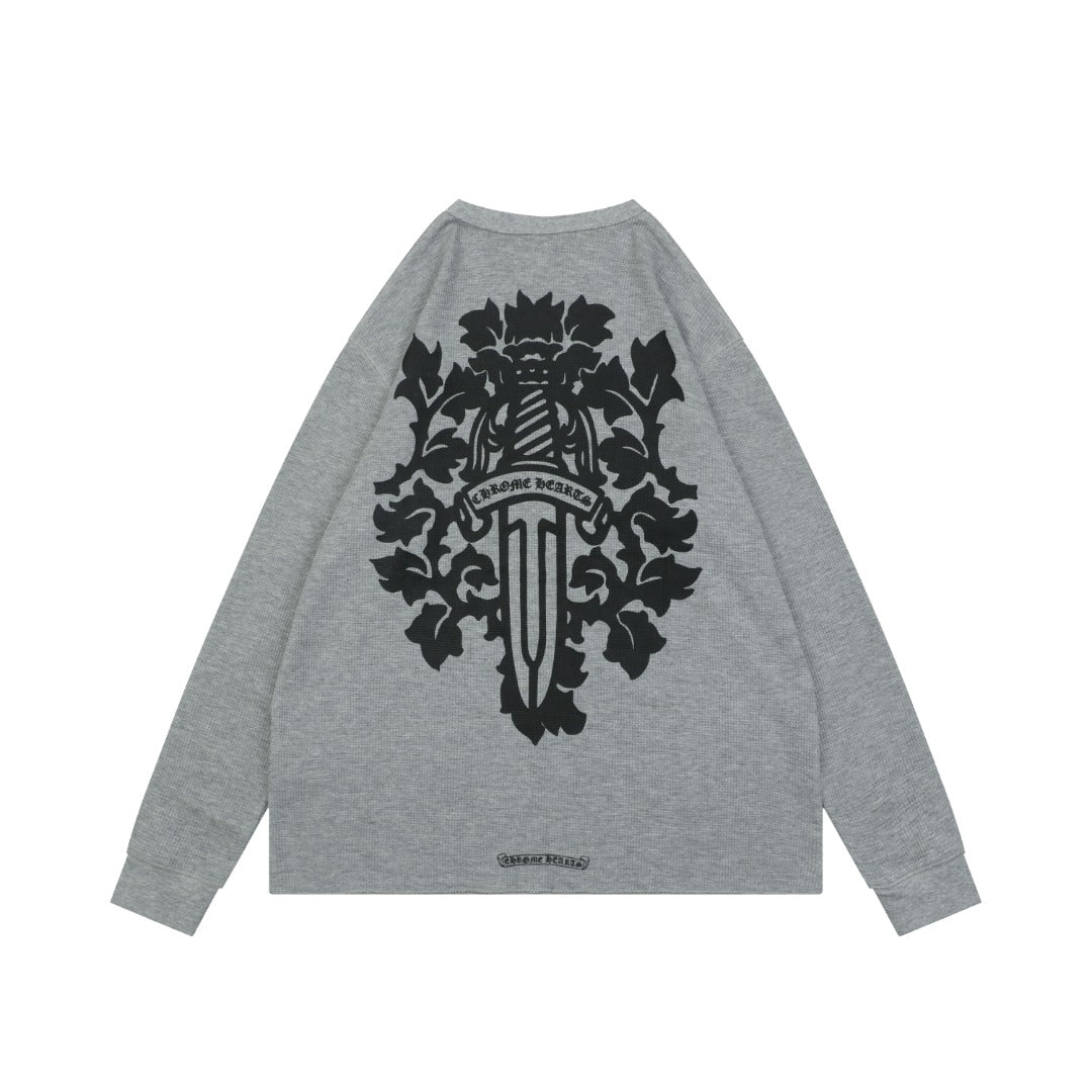 Chrome Hearts Waffle-Knit Vine Sword Print Long-Sleeve T-Shirt in Gray