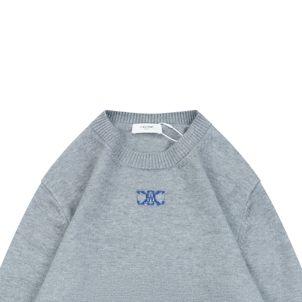 Celine Triomphe Logo Crewneck Sweater in Light Gray