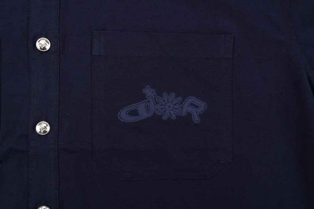 Dior Tonal Floral Logo Embroidered Long-Sleeve Shirt - Navy