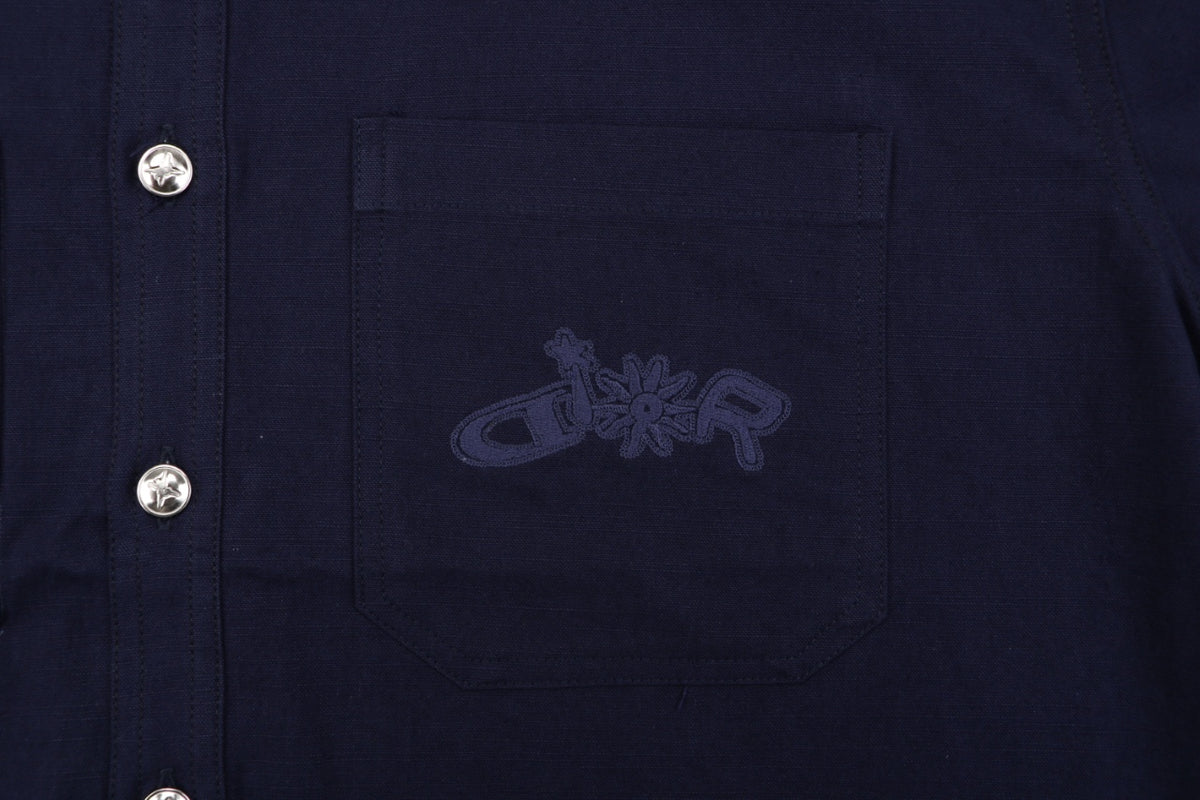 Dior Tonal Floral Logo Embroidered Long-Sleeve Shirt - Navy