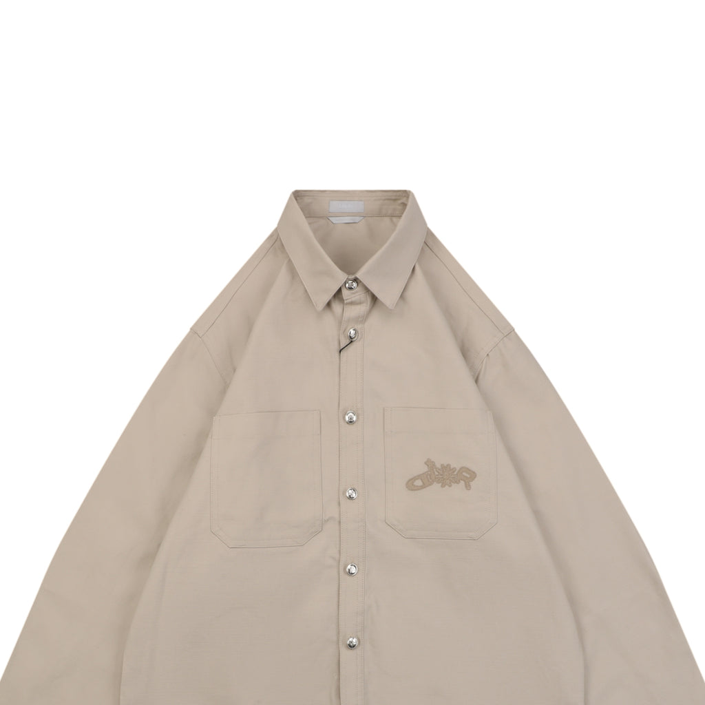 Dior Tonal Floral Logo Embroidered Long-Sleeve Shirt - Beige