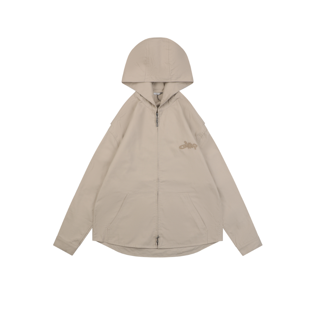 Dior Tonal Floral Logo Embroidered Full-Zip Hooded Jacket - Beige