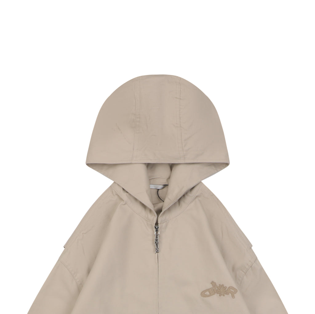 Dior Tonal Floral Logo Embroidered Full-Zip Hooded Jacket - Beige