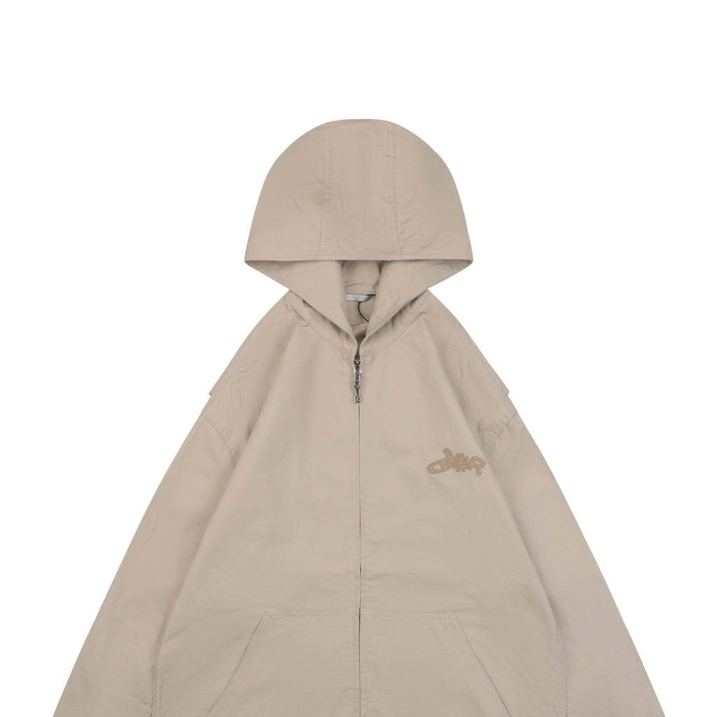 Dior Tonal Floral Logo Embroidered Full-Zip Hooded Jacket - Beige