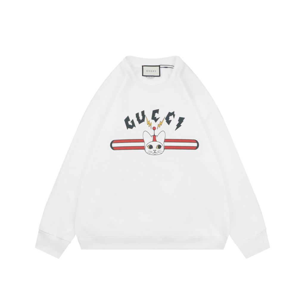 Gucci Cat and Letter Print Crewneck Sweatshirt - White