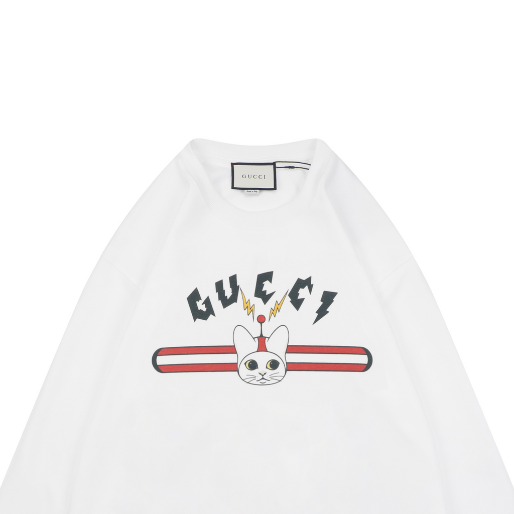 Gucci Cat and Letter Print Crewneck Sweatshirt - White